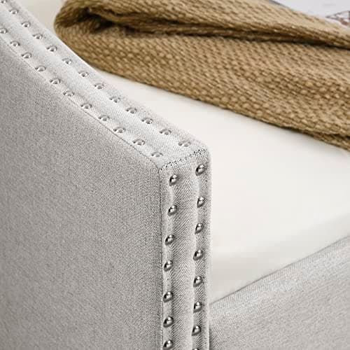Antetek Full Size Linen Upholstered Daybed with Trundle – Modern Button-Tufted Sofa Frame for Bedroom or Living Room (Beige)