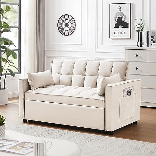 Modern Velvet 3-in-1 Sleeper Sofa Bed Love Seat with Reclining Backrest, Pillows, Pockets for Living Room Apartment