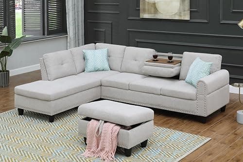 Faux Leather Sectional Sofa with Storage Ottoman for Living Room or Office
