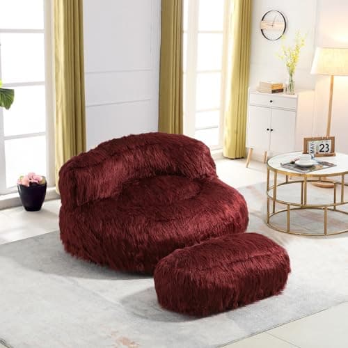 Modern Fluffy Beanbag Chair with Ottoman for Adults and Kids, Black