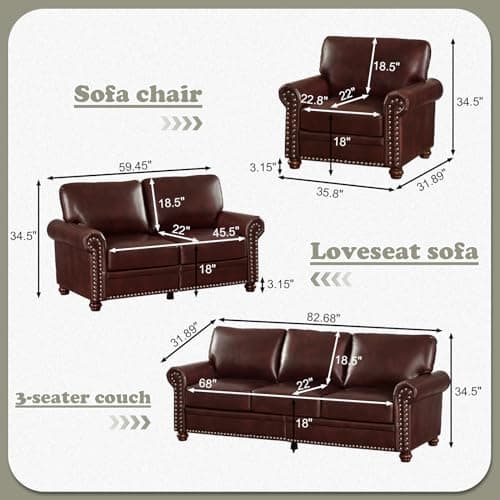 Comfy PU Leather Sofa with Storage Space & Solid Bun Feet, Small Modern Loveseat for Living Room Small Space, Bedroom, Red Brown