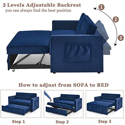 Modern 3 in 1 Convertible Sleeper Sofa Bed, Loveseat Couch with Pull-Out Bed, Reclining Backrest & Side Pocket, Blue