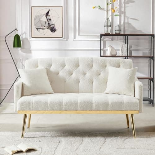 Modern Small Upholstered Loveseat Sofa with Side Pocket and Golden Metal Legs, Cream White Teddy