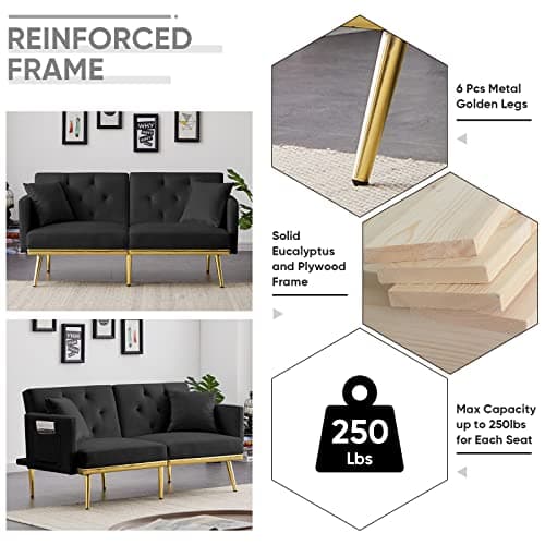 Antetek Convertible Velvet Futon Sofa Bed - Small Modern Loveseat for Living Room and Bedroom