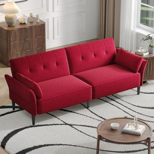 Modern 89 Velvet Futon Sofa Bed with Pillows - Beige Color