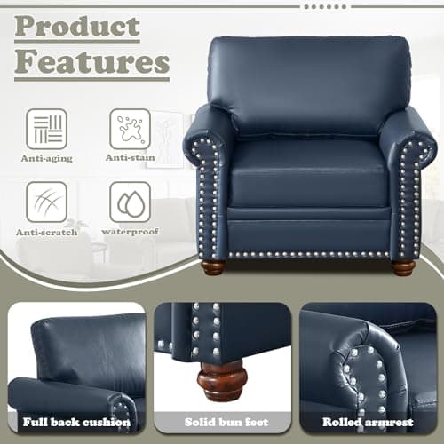 Antetek Upholstered Leather Sofa Set with Storage Space, Navy Blue