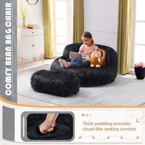 Modern Fluffy Beanbag Chair with Ottoman for Adults and Kids, Black