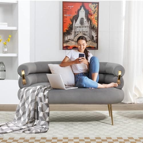 Antetek Velvet Loveseat Sofa with Golden Decor, Grey