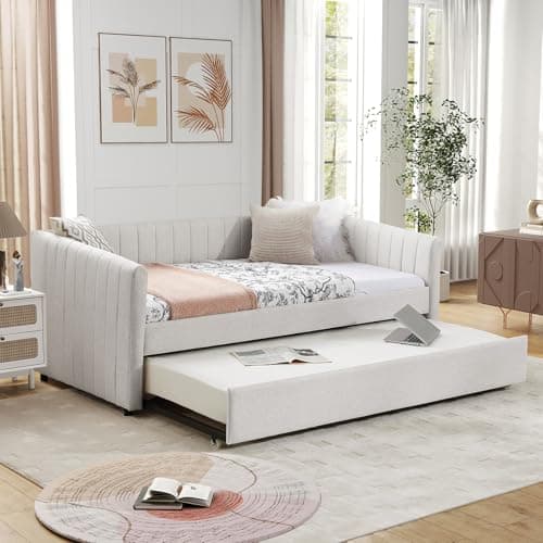 Modern Linen Fabric Upholstered Daybed with Trundle for Bedroom, Living Room, Guest Room