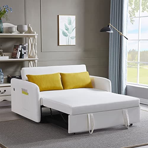 Antetek Convertible Sleeper Sofa Bed with 2 USB Port, 3 in 1 Modern Loveseat Couch with Pull-Out Bed, Small Love seat Sofa Bed with Adjustable Backrest & 2 Side Pockets (Grey)