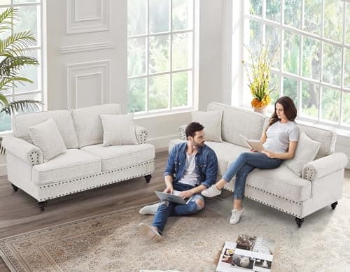 Antetek Chenille Sofa Couch, Mid-Century Modern 3-Seater Sofa with Bun Feet, Beige