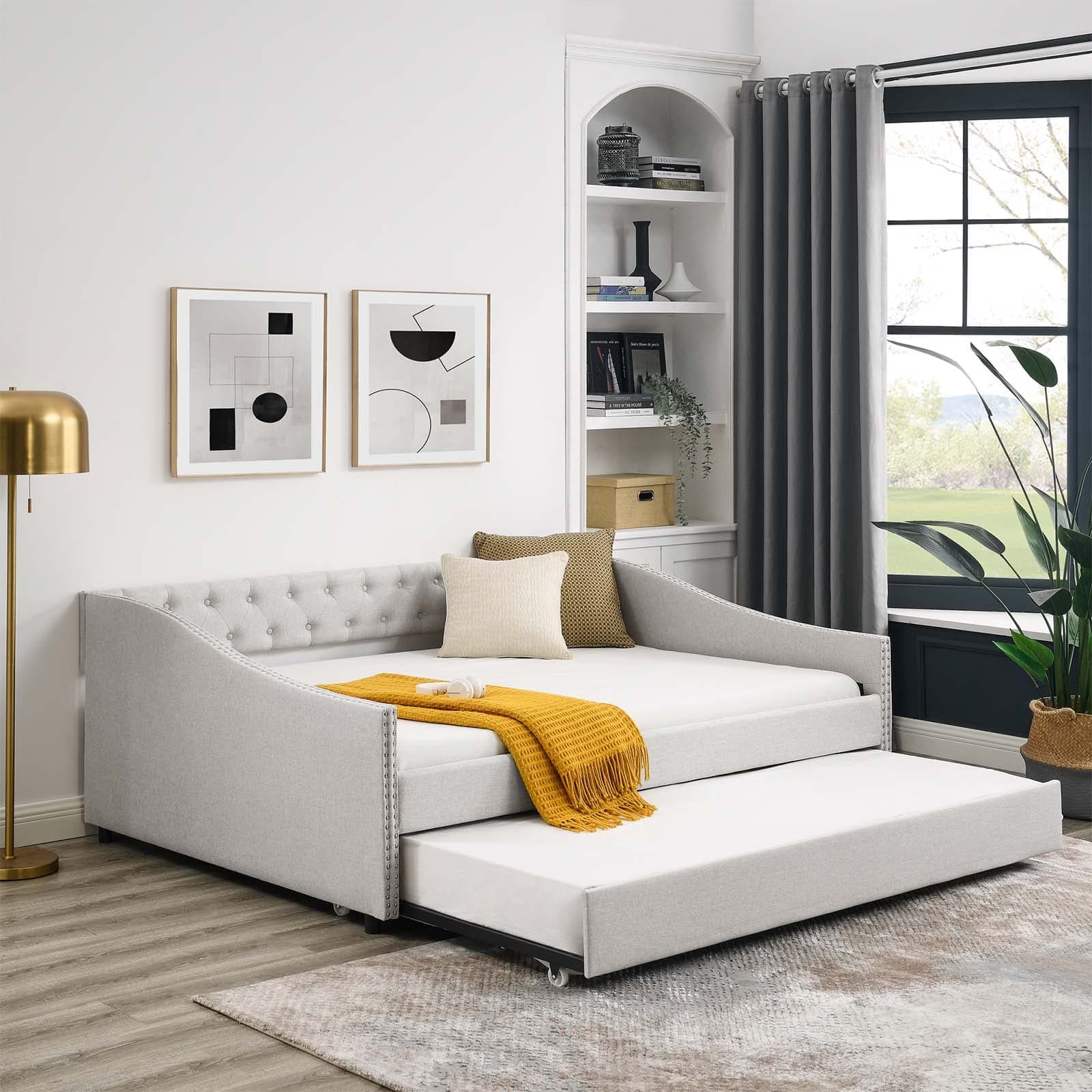 Antetek Full Size Linen Upholstered Daybed with Trundle – Modern Button-Tufted Sofa Frame for Bedroom or Living Room (Beige)
