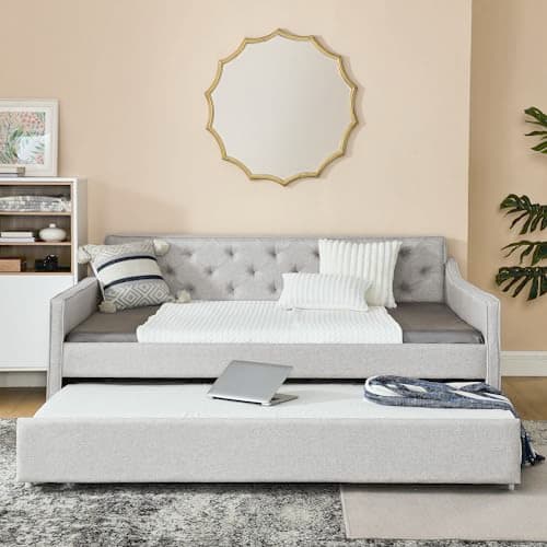 Full Size Daybed with Twin Size Trundle, Upholstered Tufted Day Bed, Beige