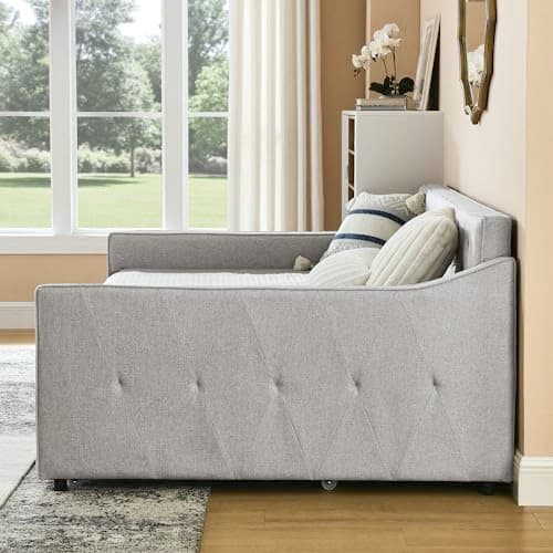 Full Size Daybed with Twin Size Trundle, Upholstered Tufted Day Bed, Beige