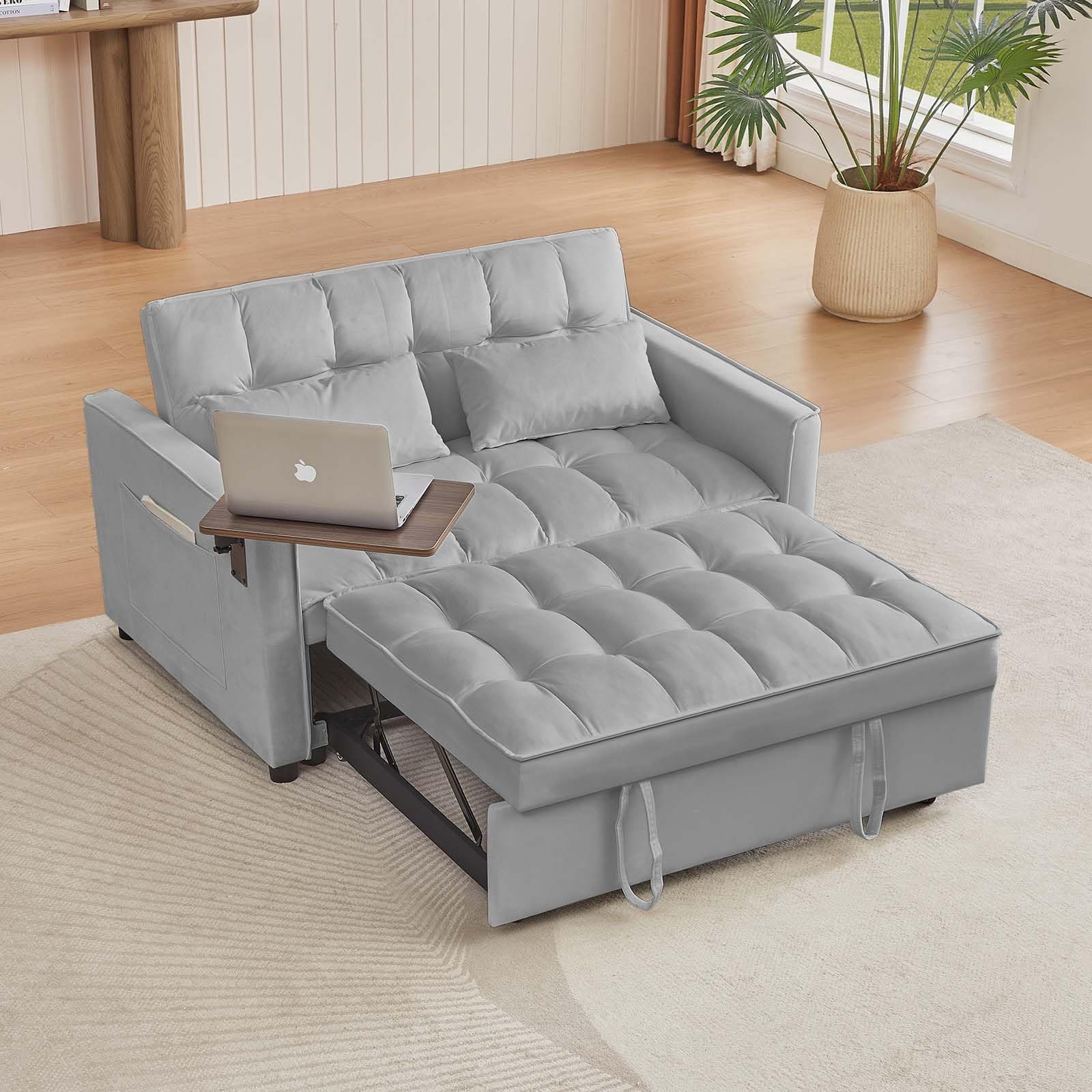 Antetek 3-in-1 Convertible Sofa Bed with Rotating Side Table, 53 Velvet Loveseat for Living Room, Office, and Small Spaces - Grey
