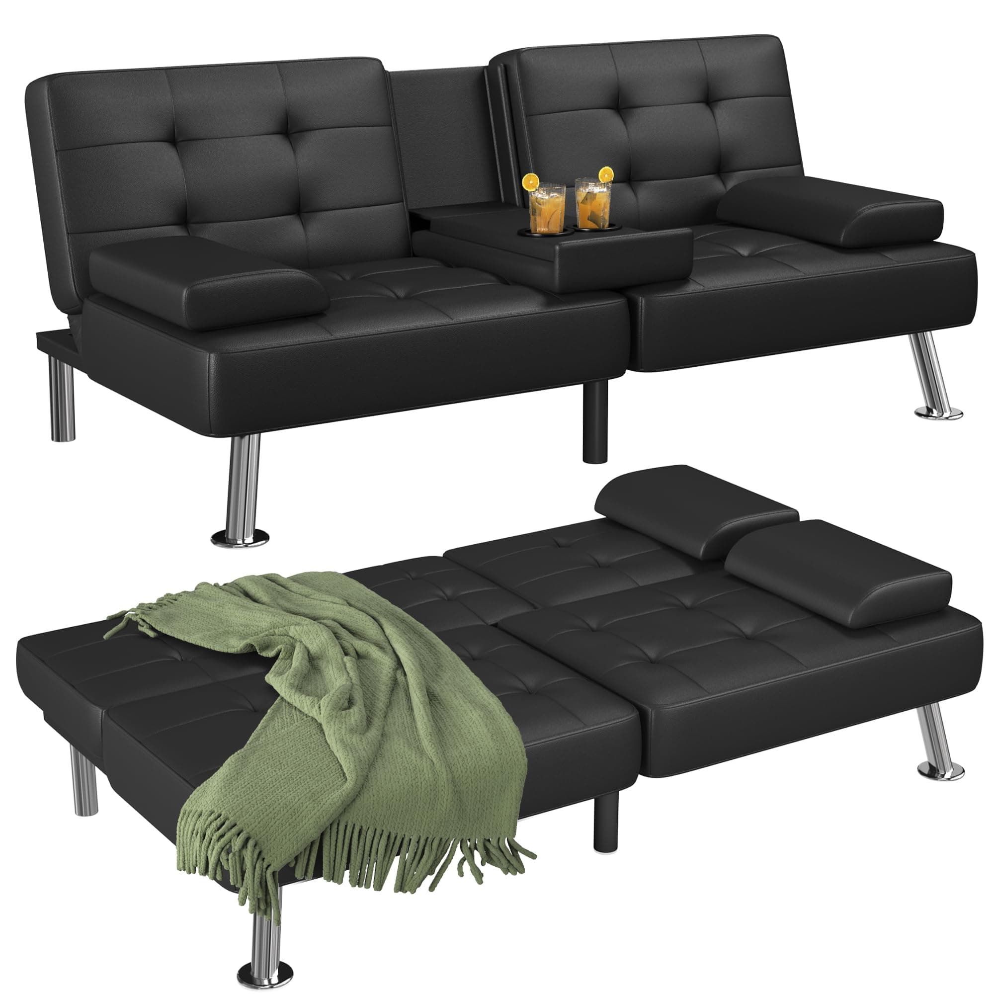 Flamaker Black PU Leather Modern Folding Futon Sofa Bed with Cup Holders