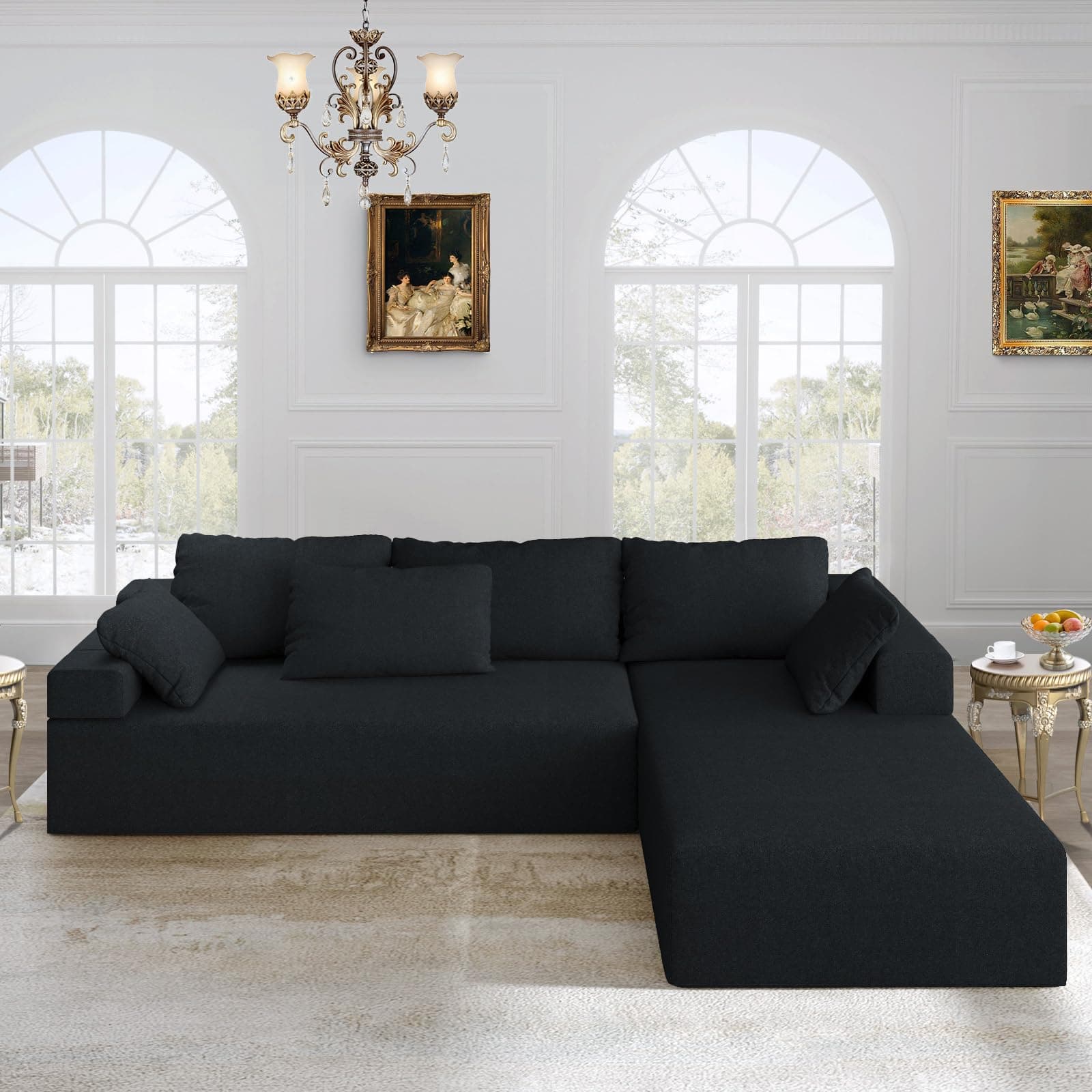 Modern Black L Shaped Sectional Sofa with 6 Pillows and Free Combination Sets