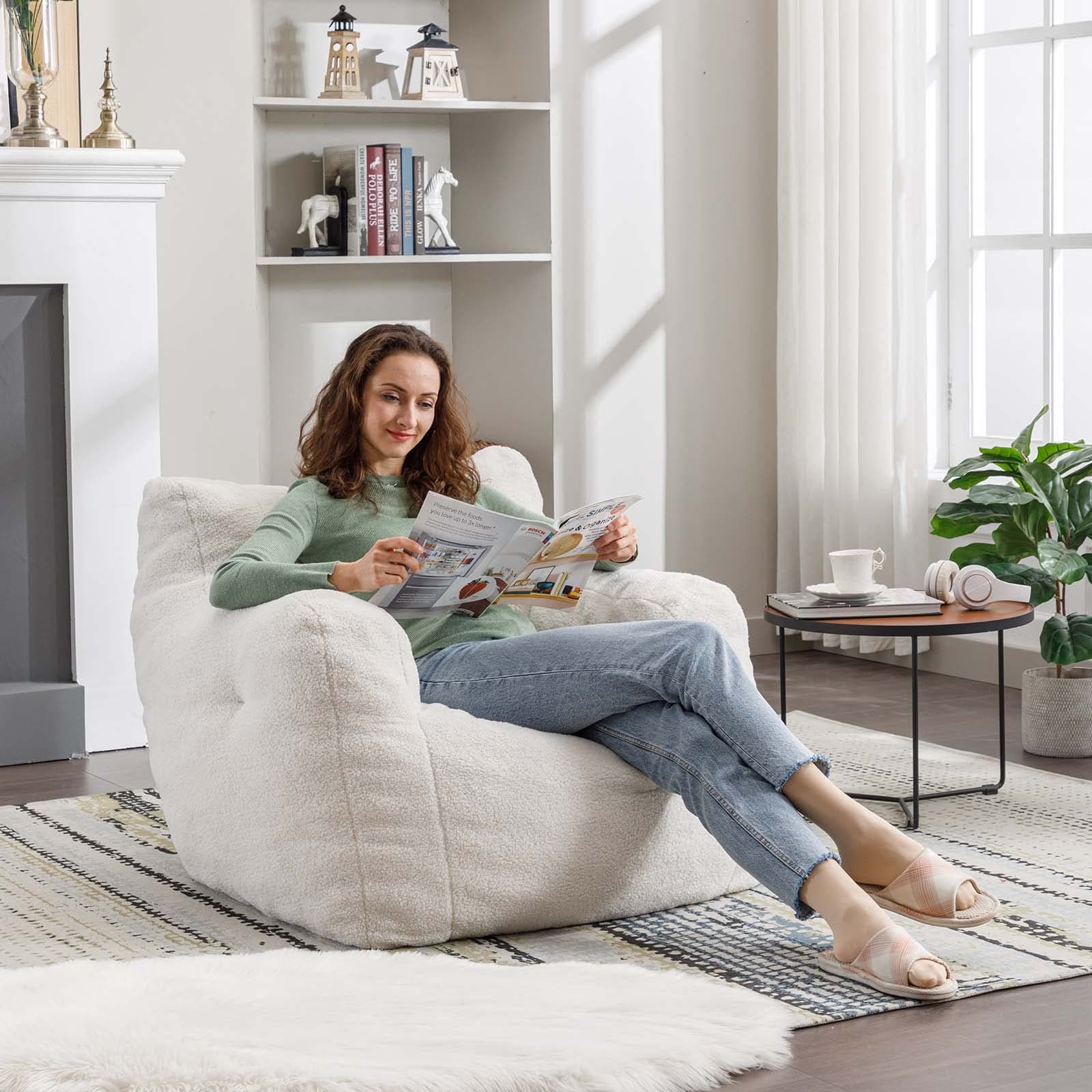 Modern Bean Bag Chairs for Adults & Kids in Ivory Fabric