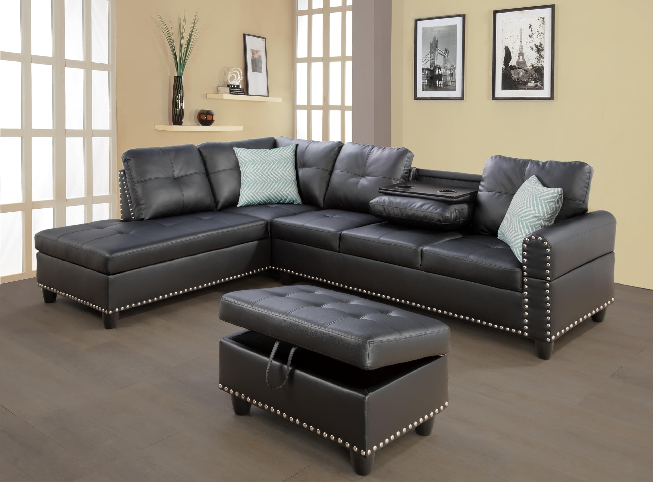 Faux Leather Sectional Sofa with Storage Ottoman for Living Room or Office