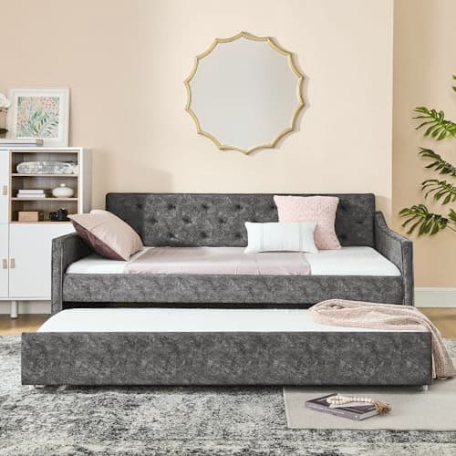 Grey Upholstered Daybed with Trundle and Tufted Back