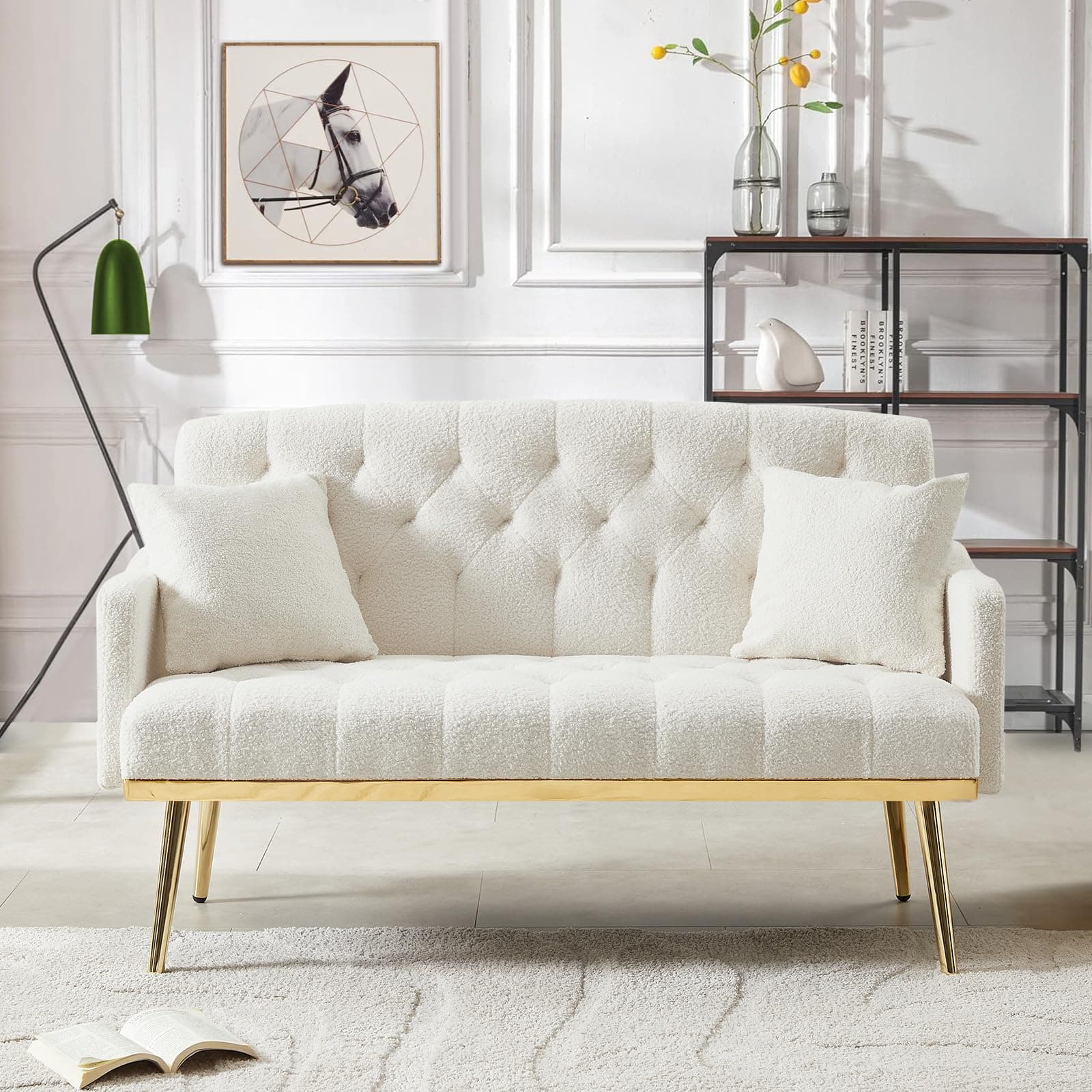 Modern Small Upholstered Loveseat Sofa with Side Pocket and Golden Metal Legs, Cream White Teddy