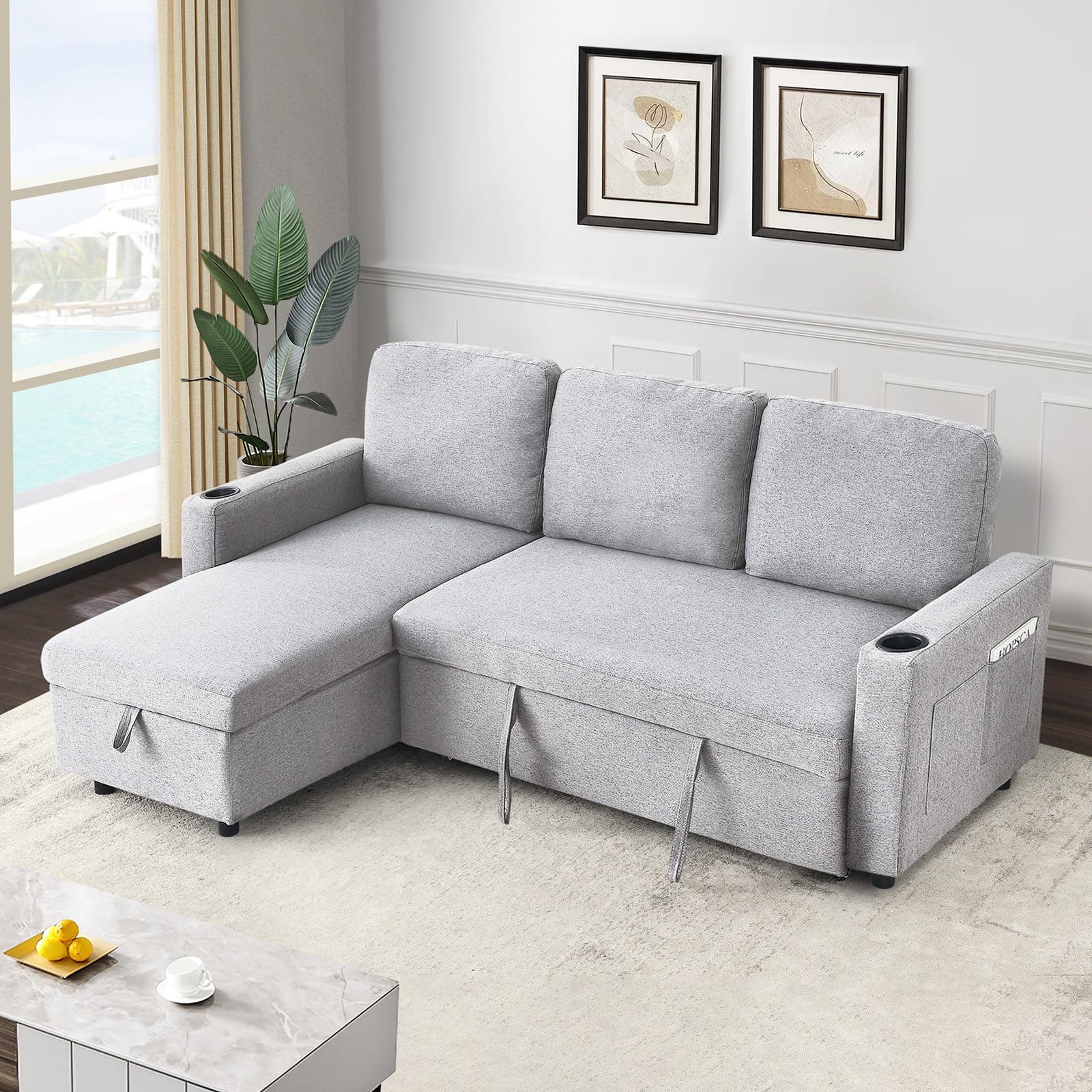 Antetek Reversible L-Shaped Sofa Bed with Storage and Pull-Out Bed for Small Spaces, Light Grey
