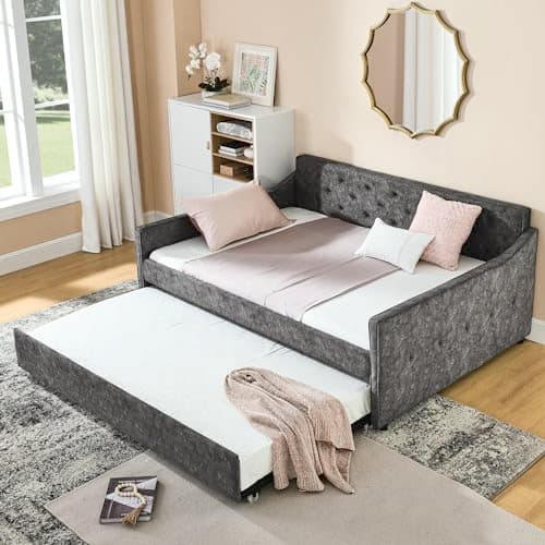 Grey Upholstered Daybed with Trundle and Tufted Back
