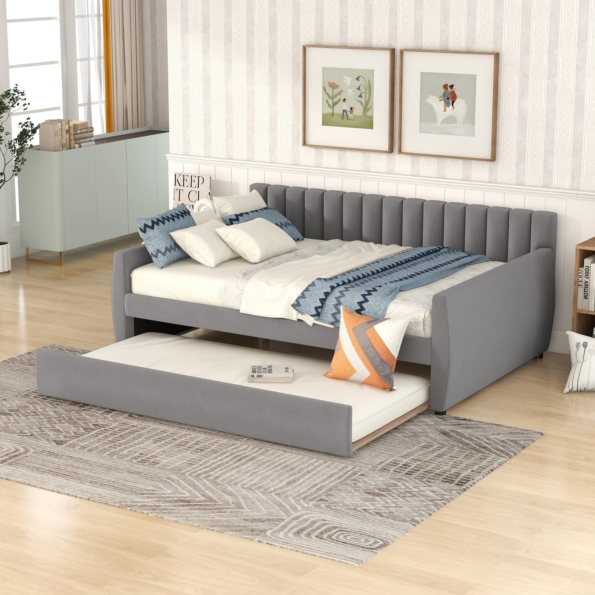 Upholstered Daybed with Trundle and Wood Slat Support, Gray