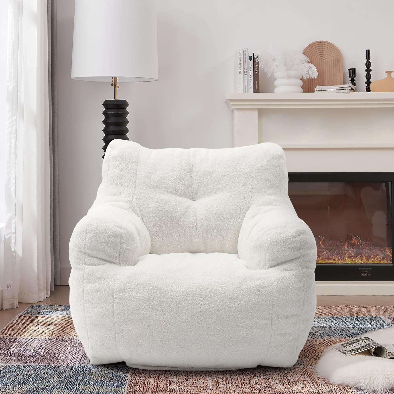 Bean Bag Chairs for Adults and Kids: Fluffy Memory Sponge Sofa with Armrests (White)
