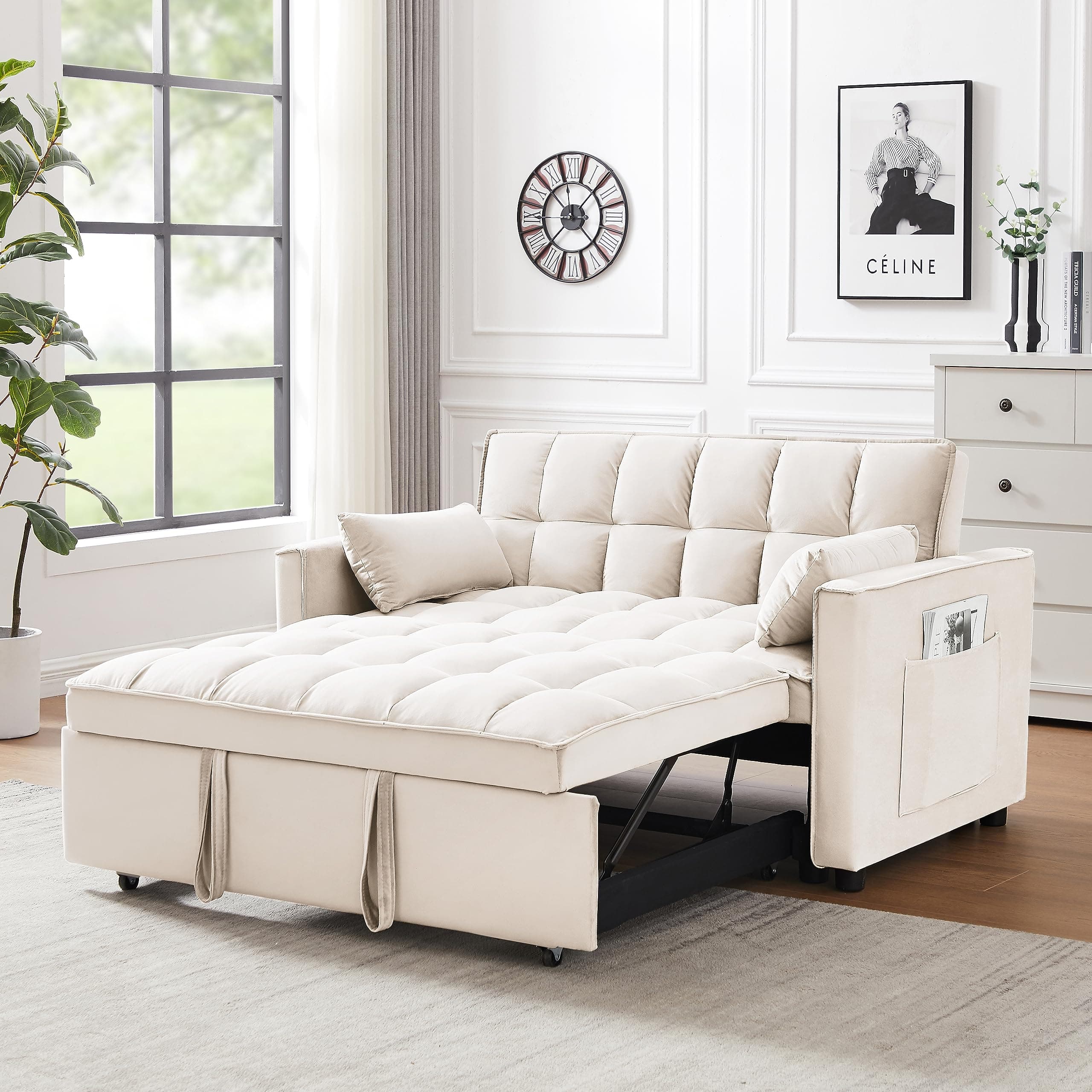 Modern Velvet 3-in-1 Sleeper Sofa Bed Love Seat with Reclining Backrest, Pillows, Pockets for Living Room Apartment