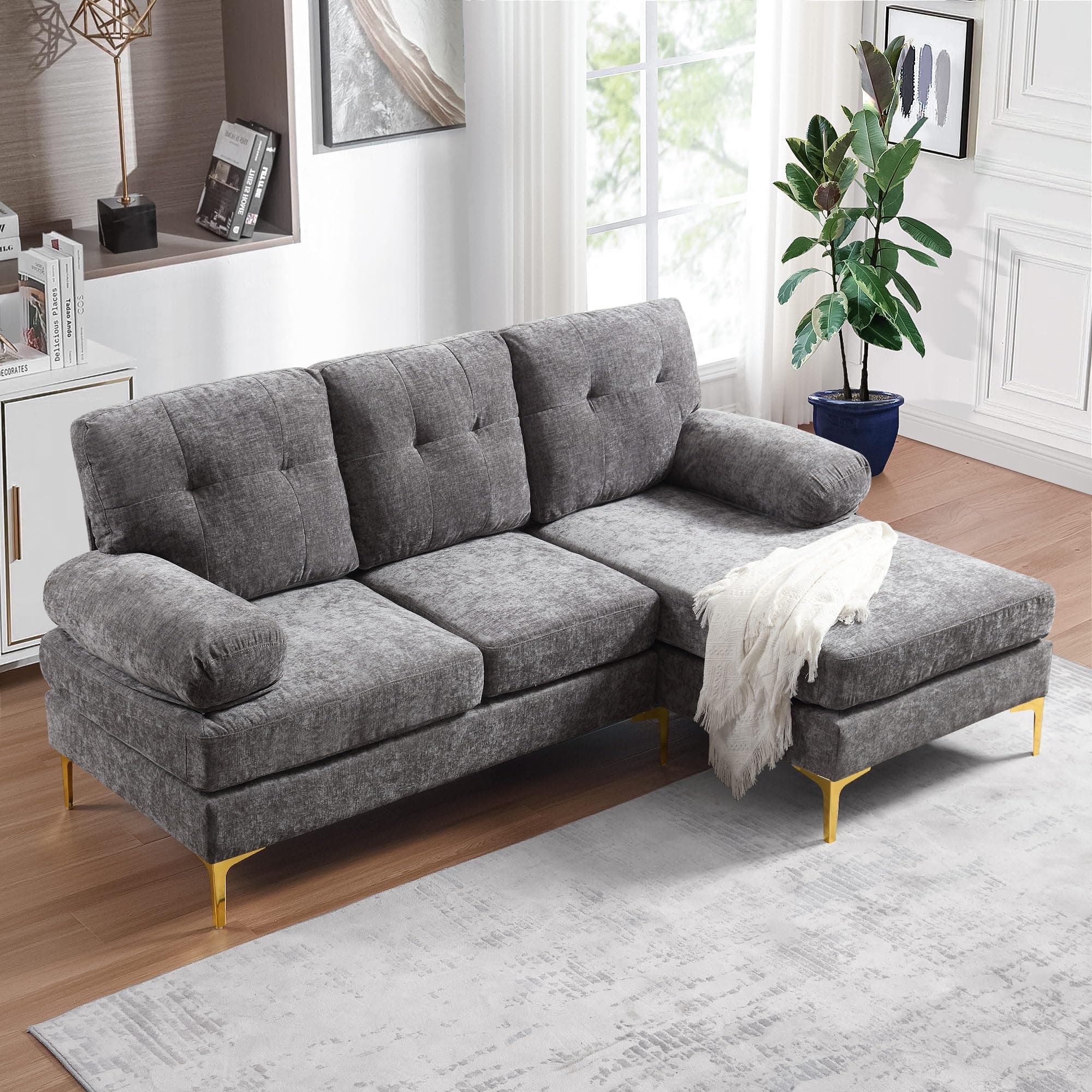 Antetek 80.7 L Shaped Chenille Sectional Sofa with Chaise Lounge, Modern Cloud Couch for Small Spaces in Grey