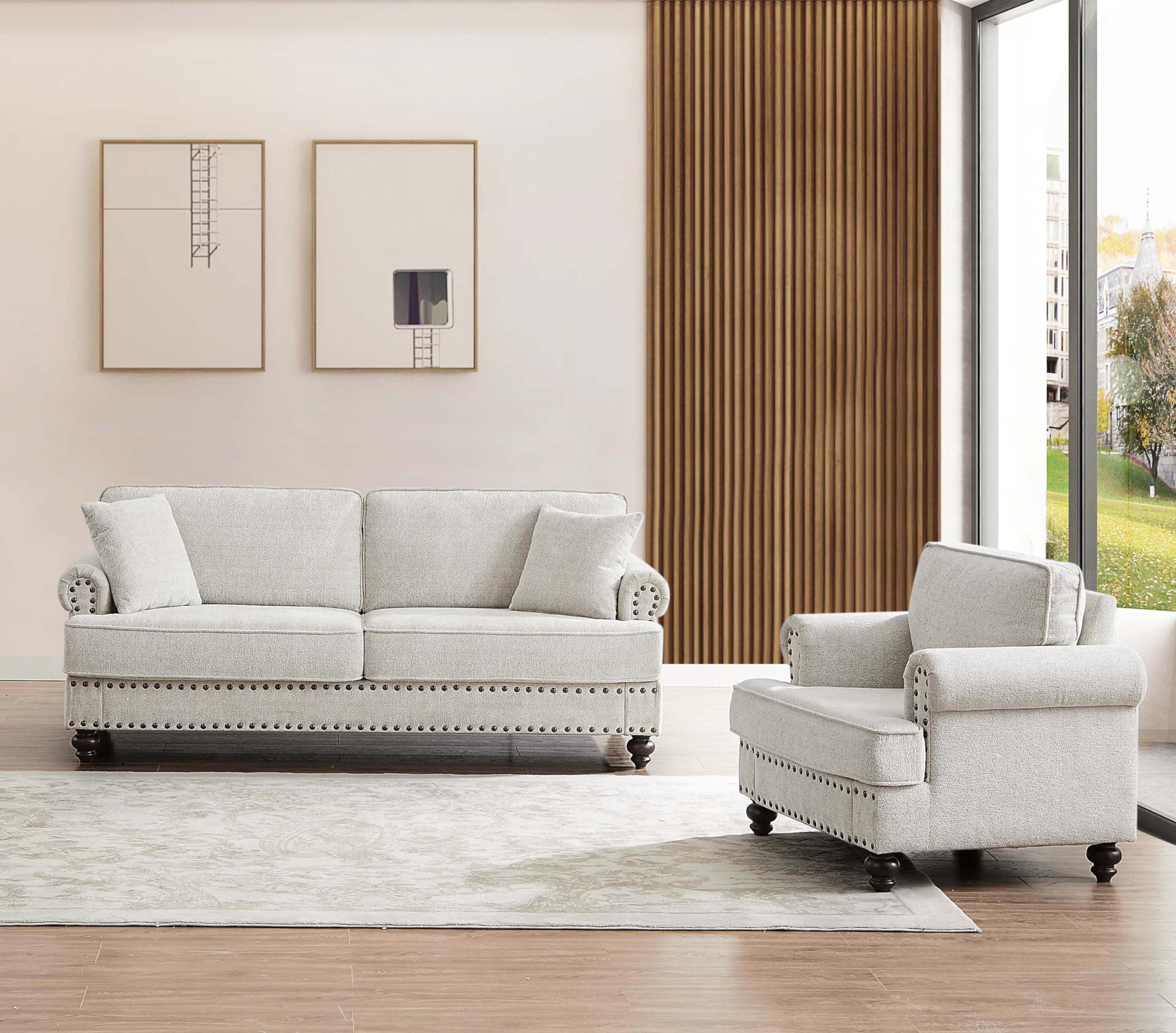 Mid-Century Modern Chenille Sofa Set with Arm Chair and 3 Seater Couch