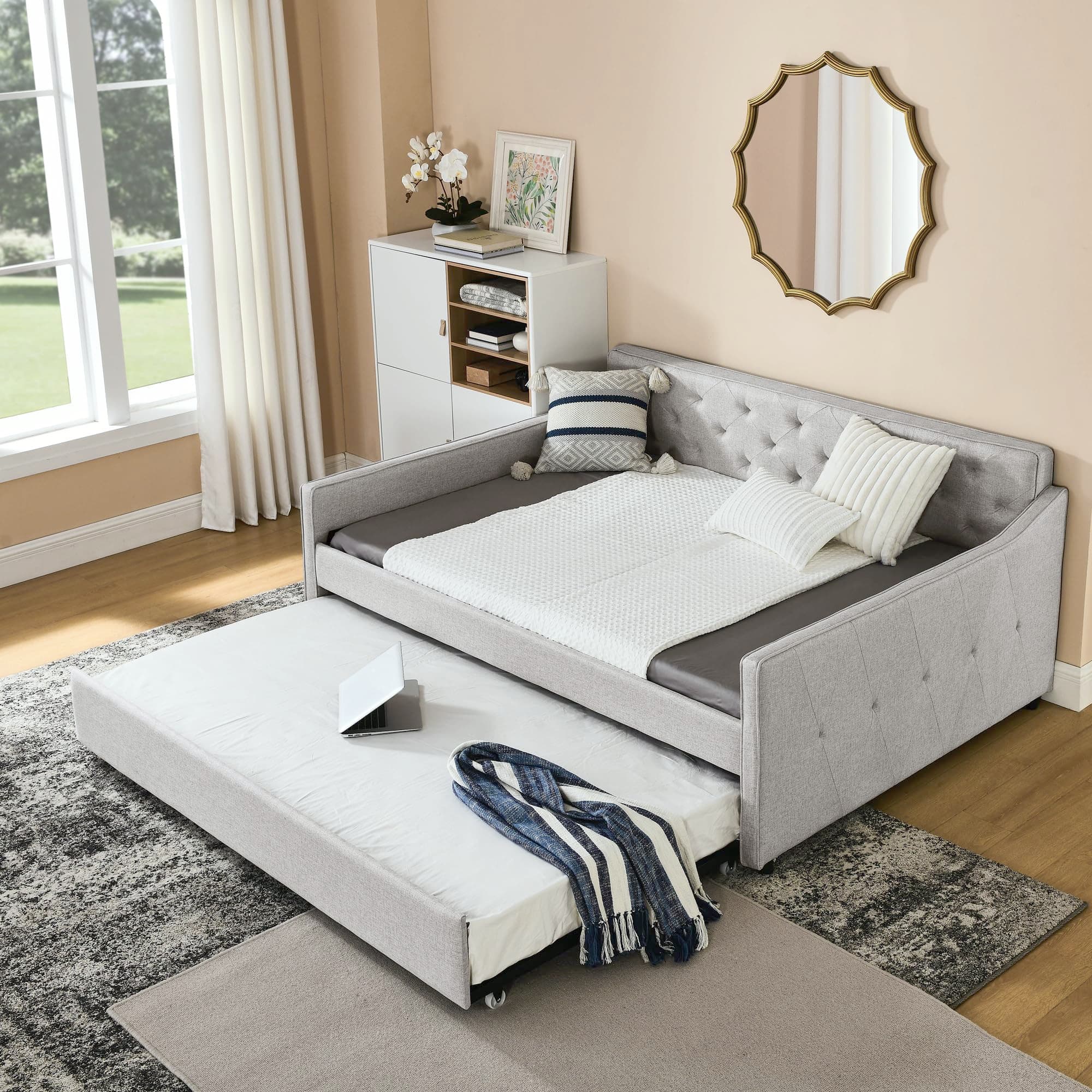 Full Size Daybed with Twin Size Trundle, Upholstered Tufted Day Bed, Beige