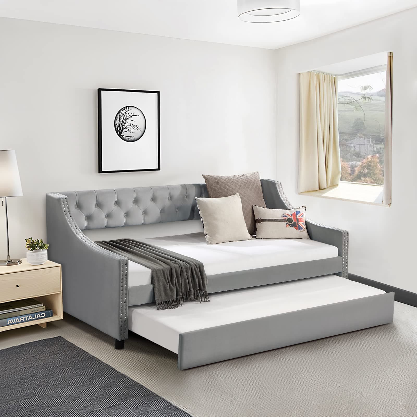 Modern Grey Velvet Upholstered Twin Daybed with Trundle - No Box Spring Needed