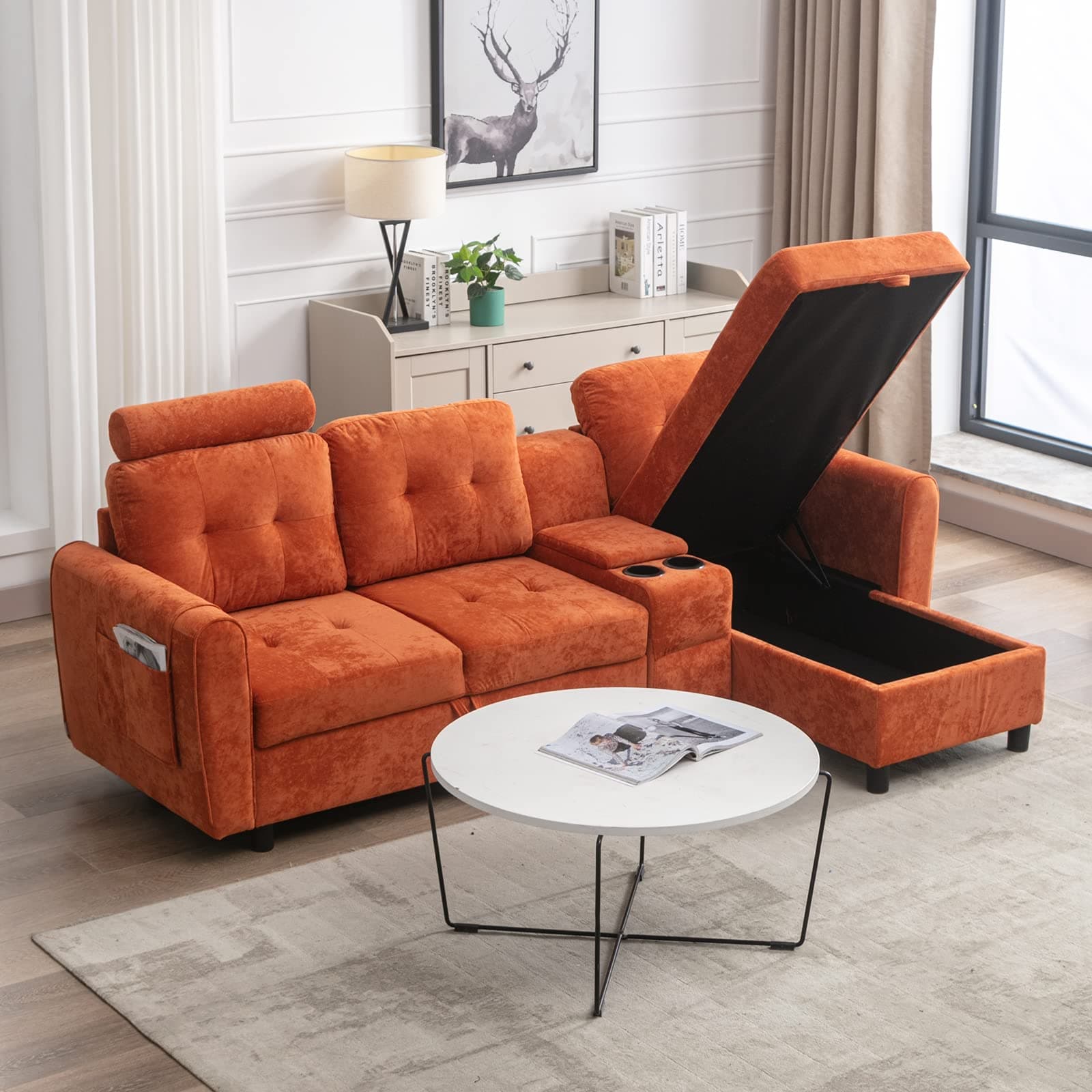 Velvet L-Shape Sectional Sofa with Storage and Cup Holders