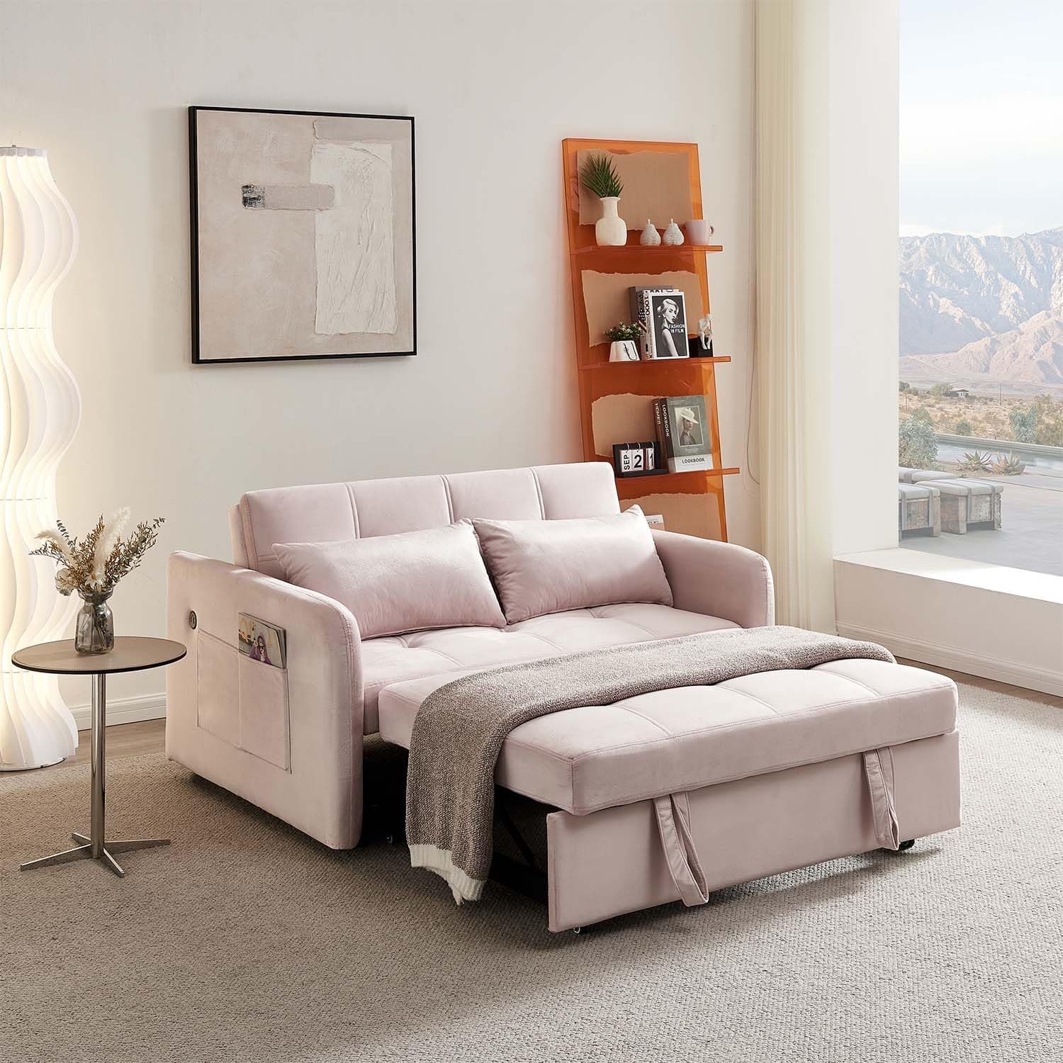 3-in-1 Sleeper Sofa Bed with USB Port, Modern Velvet Pull Out Futon Couch, Small Loveseat Sofa
