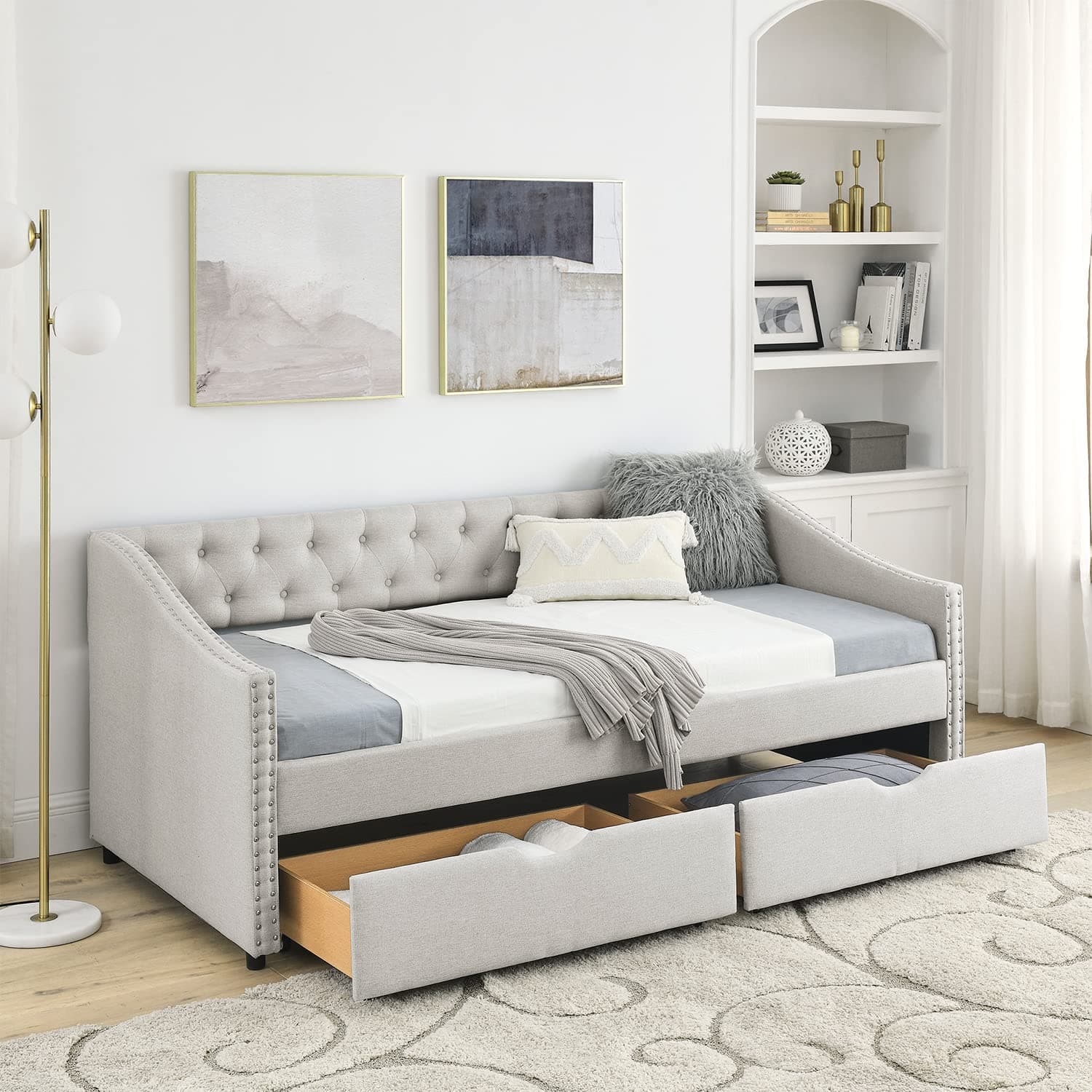 Modern Linen Upholstered Daybed with Drawers - Twin Size, Beige